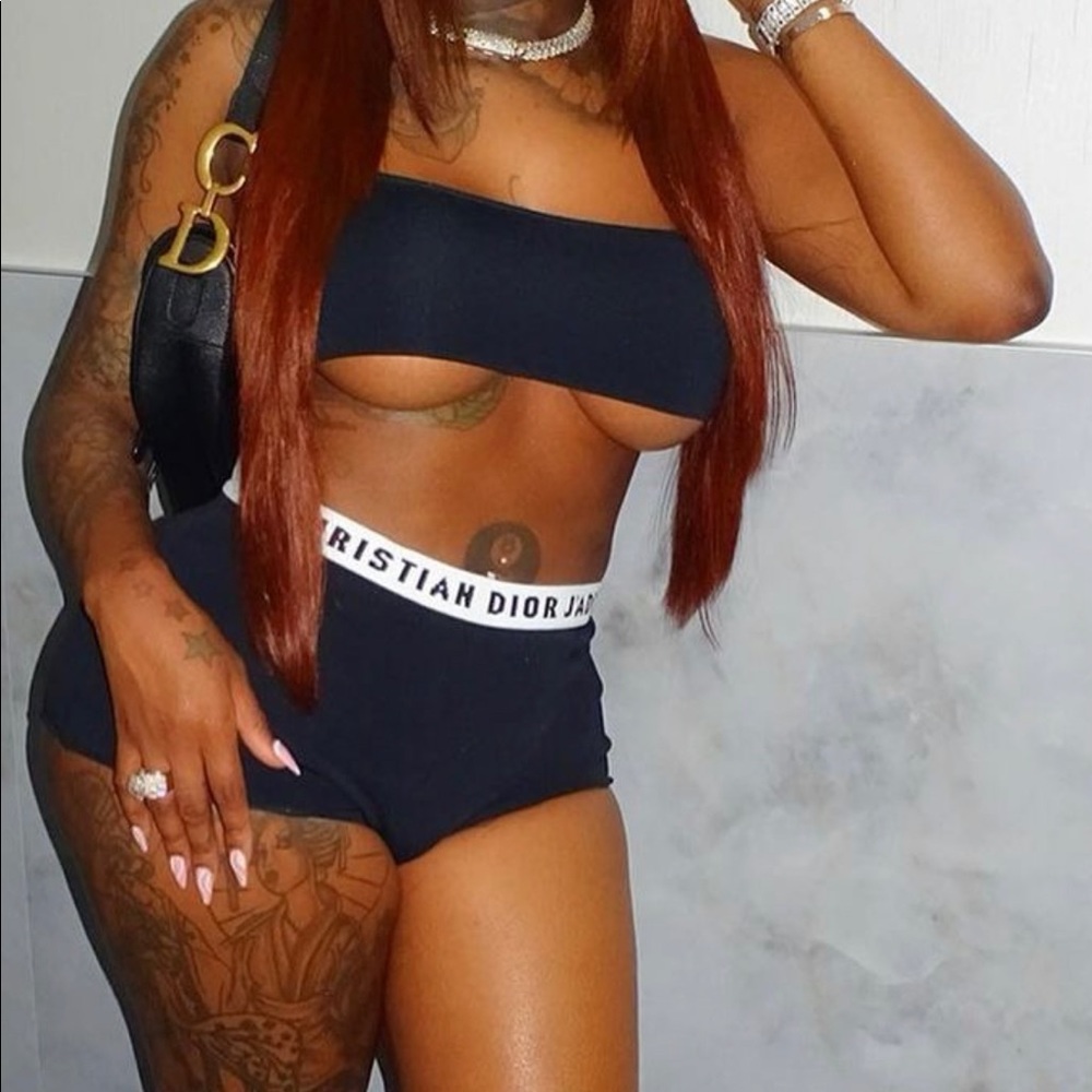 Dior Black Two-Piece Logo Bandeau Top and High-Waist Shorts Set